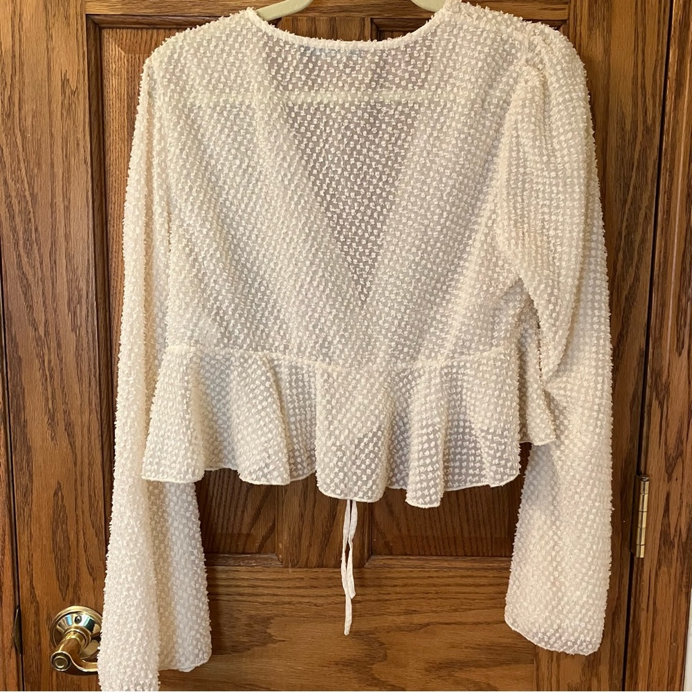 NWOT SHEIN Double Crazy Cream & Gold Glitter Knit Self-Tie Peplum Top Size L - Picture 8 of 11